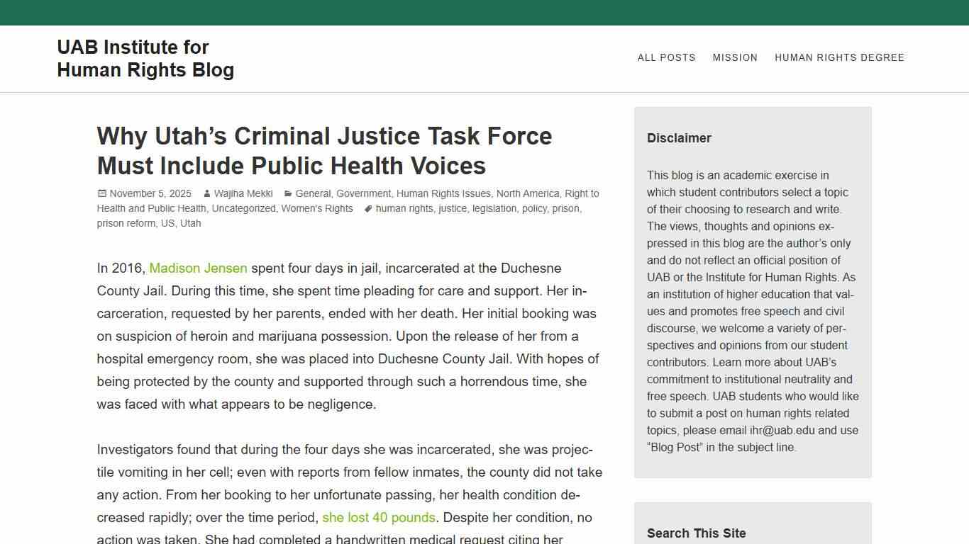 Why Utah’s Criminal Justice Task Force Must Include Public Health Voices – UAB Institute for Human Rights Blog